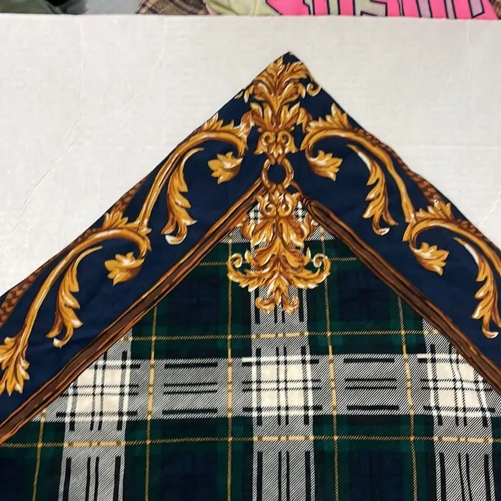 Equestrian inspired scarf (triangle 55” l x 24”to point) navy, greens gold Plaid